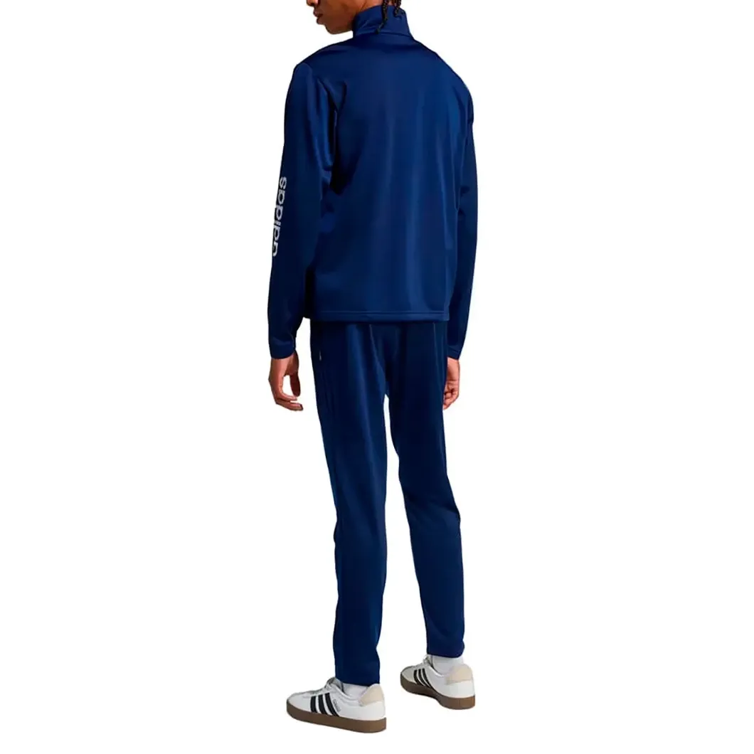 Agasalho esportivo masculino Adidas Essentials azul escuro vista frontal com logo branco e bolso lateral